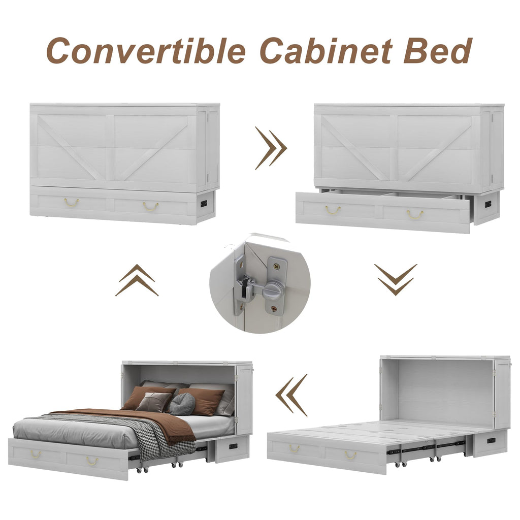 Solid Wood Murphy Bed Cabinet:Queen Size Murphy Bed with USB Charging Station and Large Storage Drawer, Optimize
