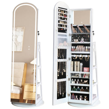 Arched Swivel Jewelry Cosmetics Armoire Cabinet Standing with Full Length Mirror, Lockable Jewelry Organizers Storage