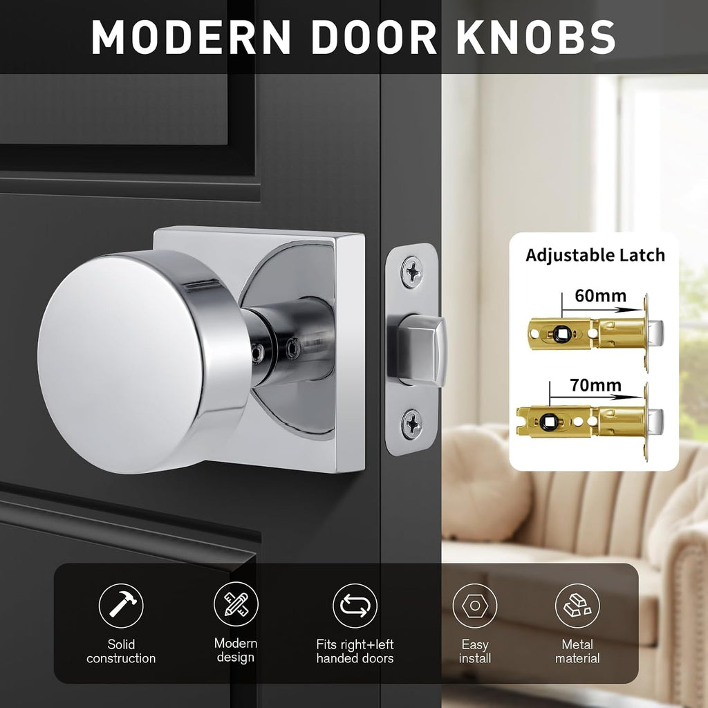 Polished Chrome Passage Door Knobs Interior, Heavy Duty Square Door Knobs Modern Door Handle for Hall Closet