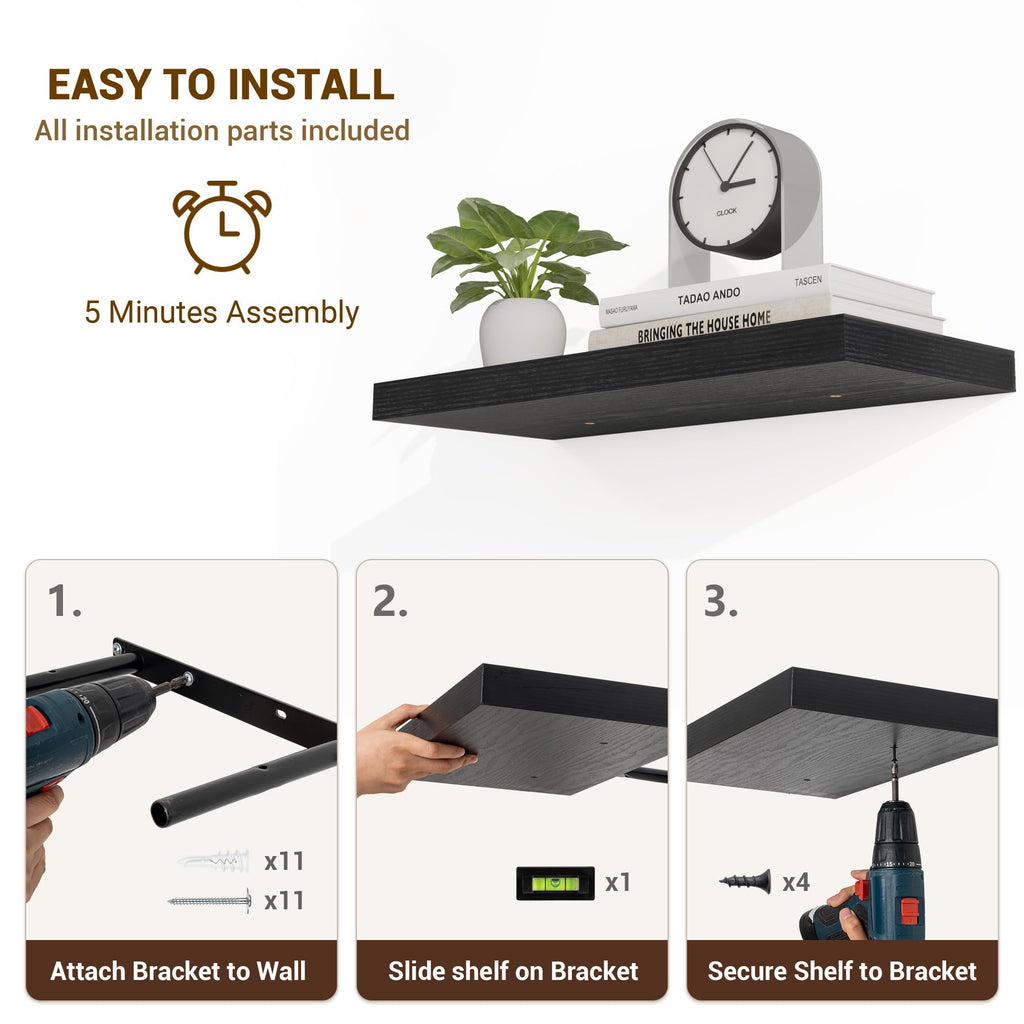 55 Inch Floating Shelves, 55"x9.25"x1.5" Inch Deep Floating Shelves for Wall, Wooden Shelves, Black, 1 Piece