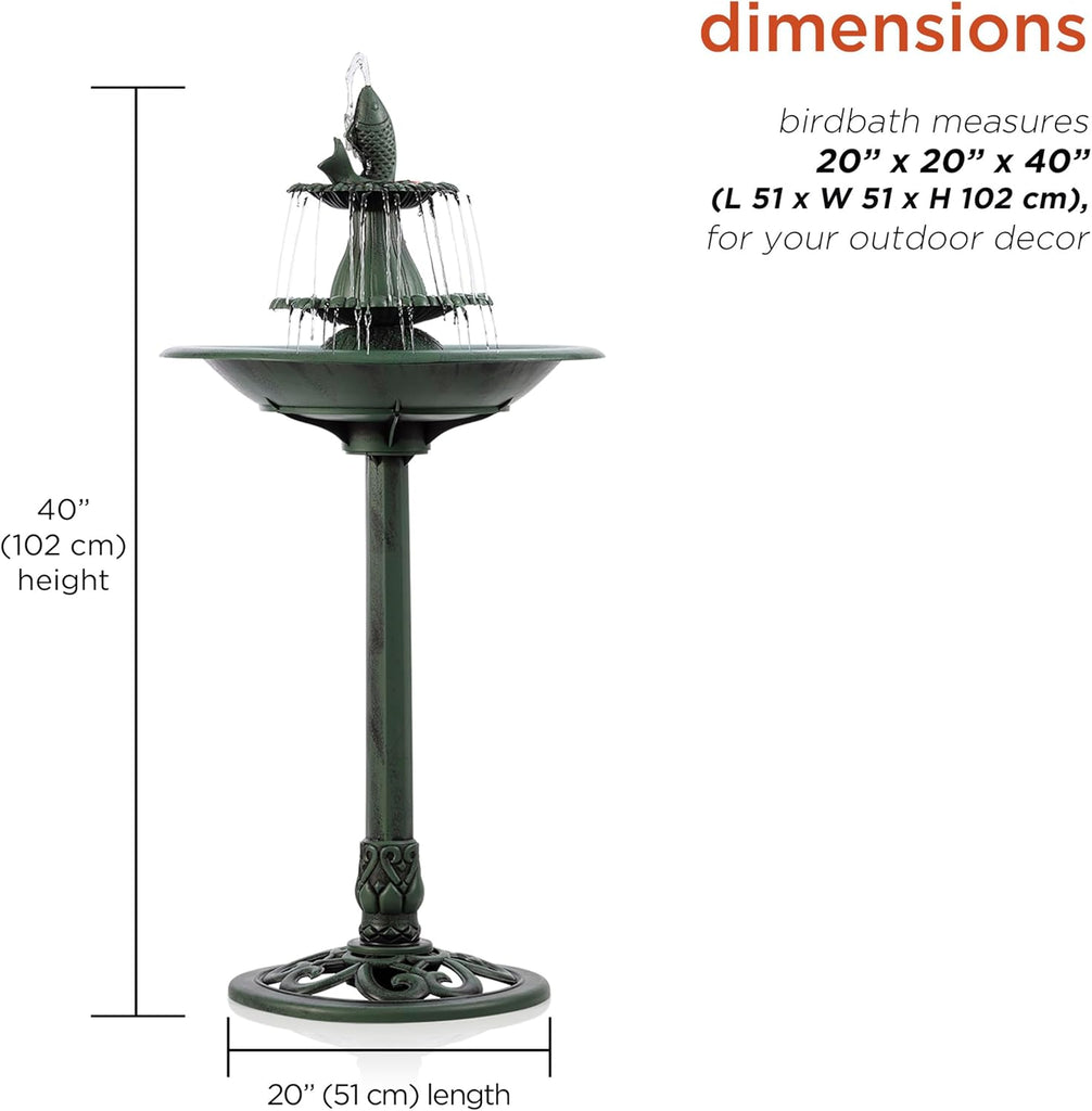 40" Tall Outdoor 3 Tier Pedestal Water Fountain with Vintage Birdbath Accent, Garden Decor, Green