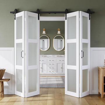 72in x 84in Bifold Barn Door, Frosted Glass Barn Door with Hardware Kit Included, Pre-Drilled Holes 