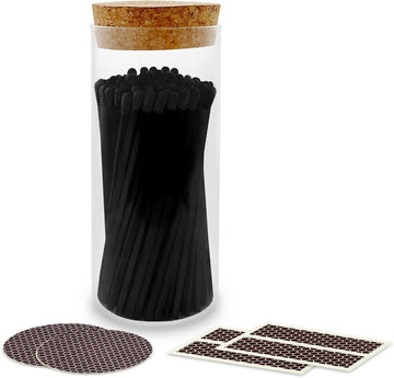 Decorative Matches in a Glass Jar | 4" All Black Long Matches (100 Match Sticks) + Cork Top Glass Holder + Striker