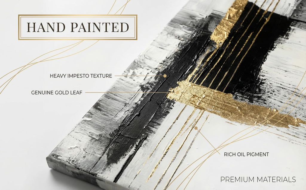 3D Textured Black and White Abstract Wall Art with Gold Foil, Framed 3 Pcs Hand Painted Oil Paintings, Large Luxury