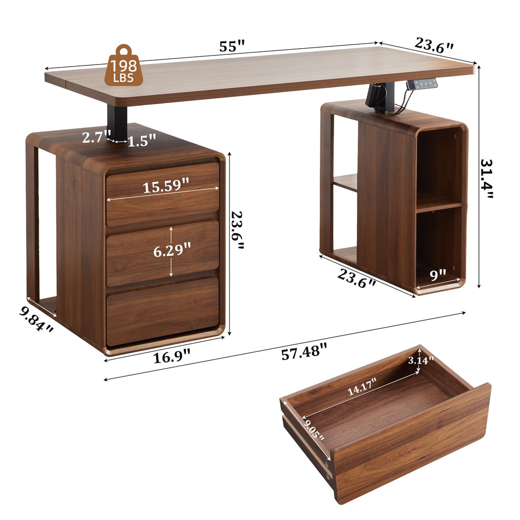 55" Wood Electric Standing Desk with Drawers and Storage Shelves