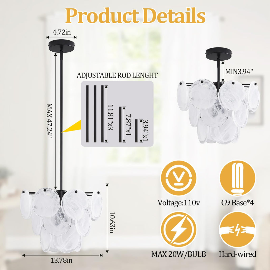 Black Glass Pendant Light, 13.78" Modern Crystal Chandelier Kitchen Island, 4-Light Round Adjustable Height Ceiling
