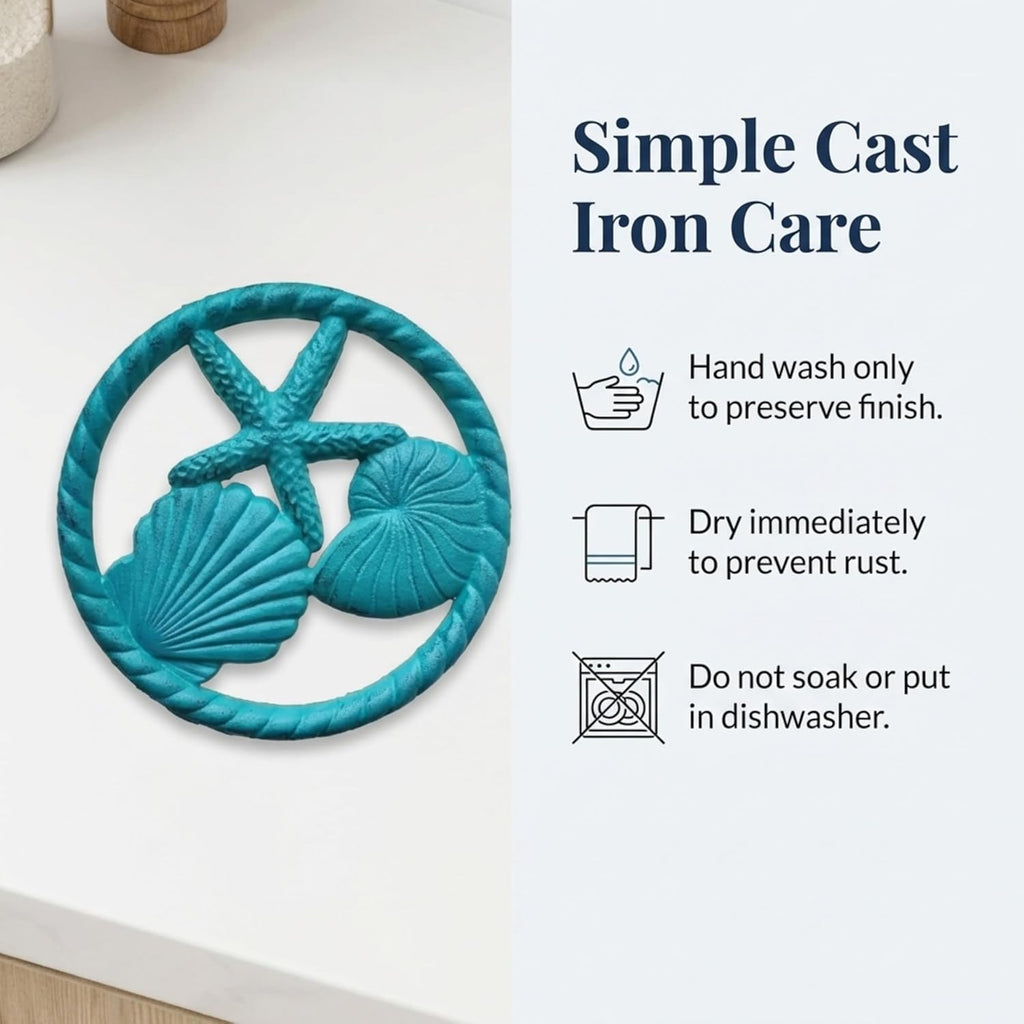 Cast Iron Ocean Trivet - Nautical Seashell and Starfish Trivet for Coastal Kitchen Decor - Heavyweight Beach House