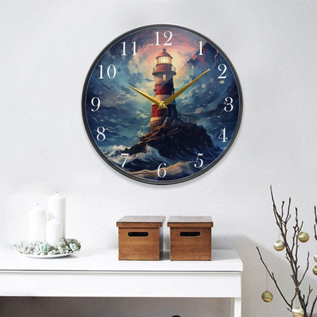 Nautical Lighthouse Starry Night Wall Clock Non Ticking Silent Battery Operated Round Decorative Clock Living Room