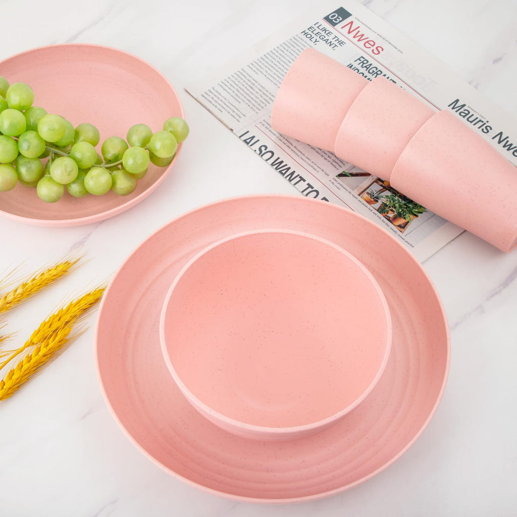 32Pcs Pink Plates and Bowls Sets for 8, Unbreakable Dinnerware