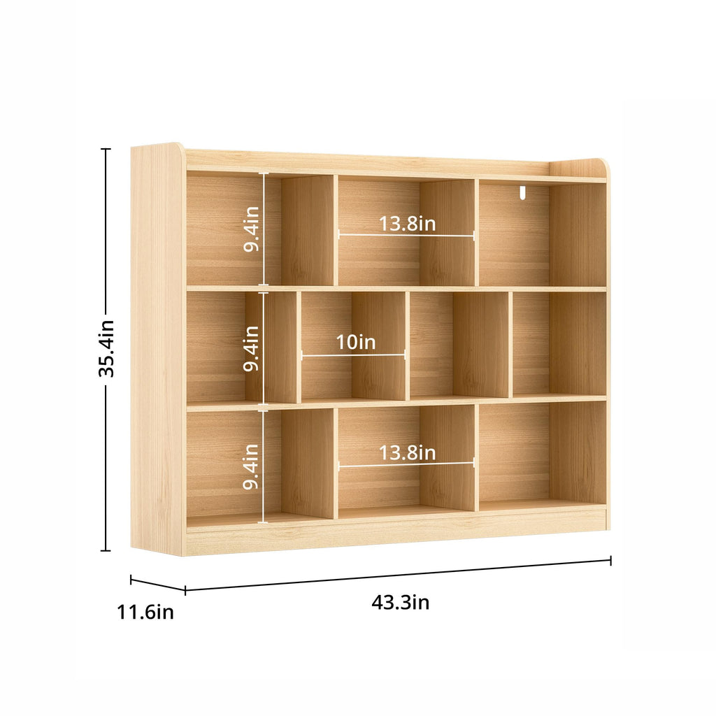 Oak Bookshelf, Wood Bookcase with 3 Tier Open Shelves, 10-Cube Minimalist Storage Shelf, 43.3" W x 35.4" H