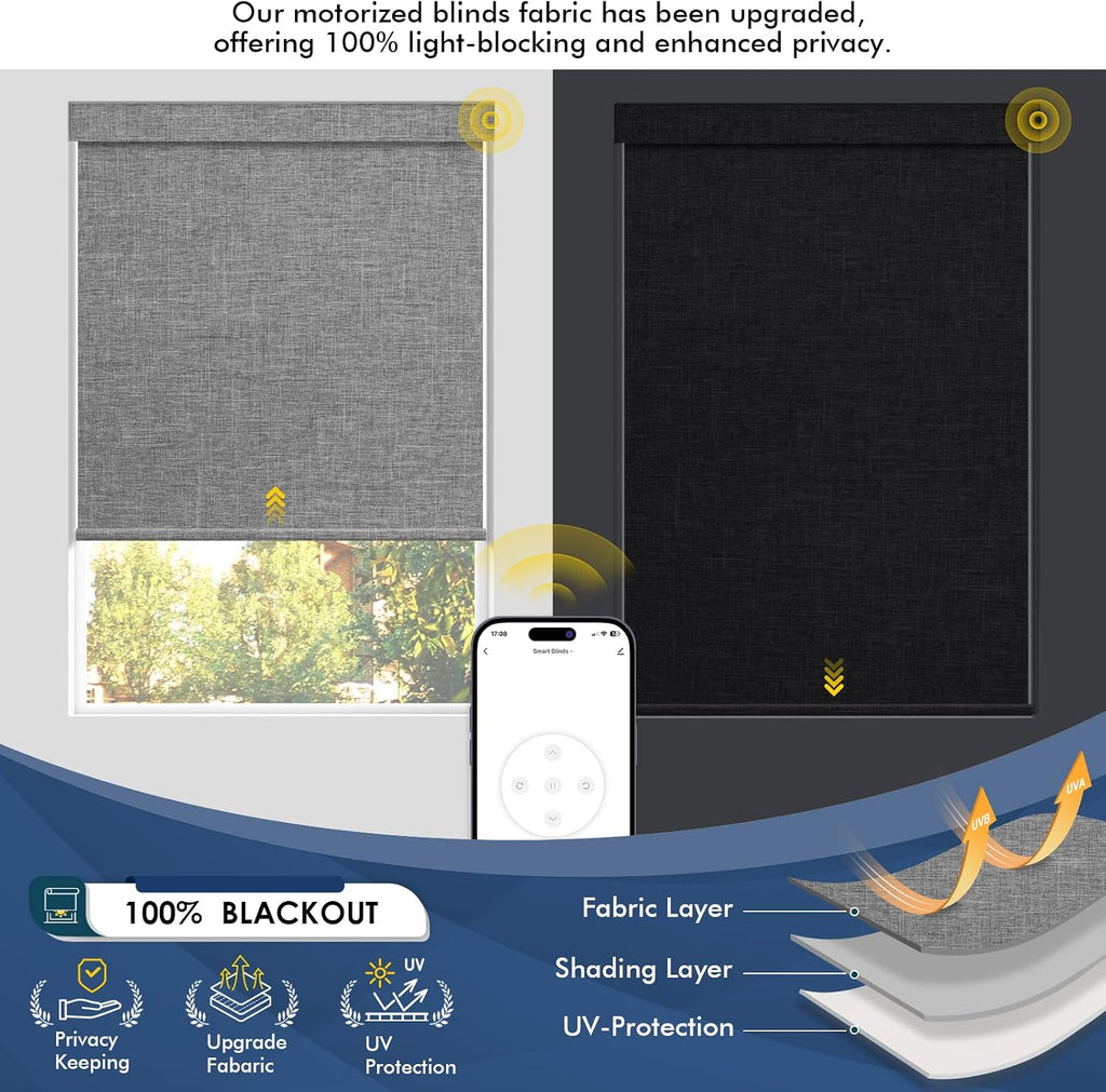 Motorized Blinds with Remote,100% Blackout Smart Roller Shades,Rechargeable Smart Blinds【Solar Panel Included】