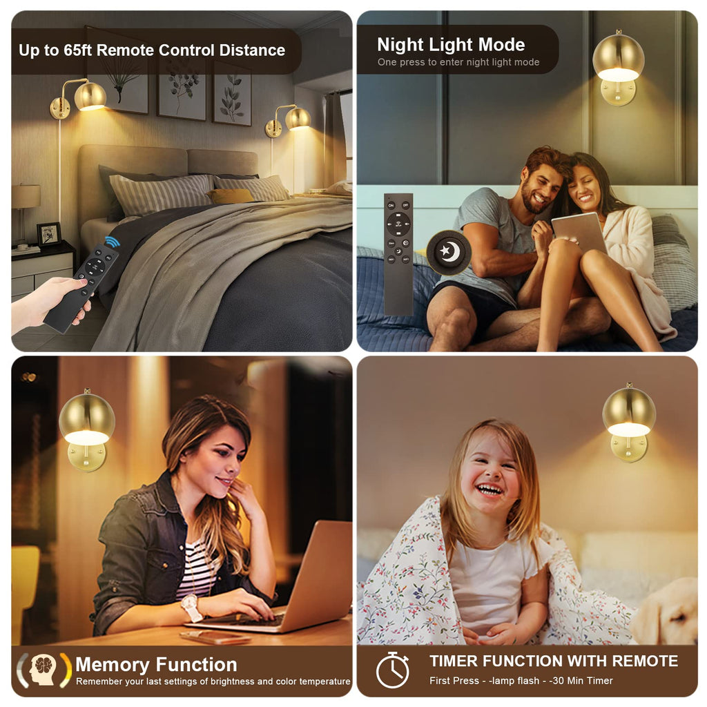Wall Sconce with Remote Control, Plug in Wall Sconces Dimming 0-100% and Adjustable Color Temperature