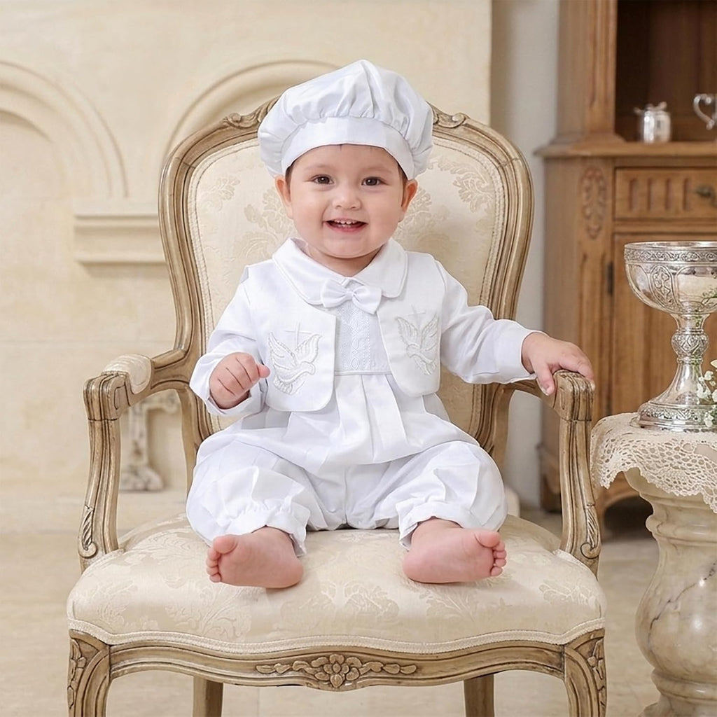 Infant Baby Boy Christening Baptism Outfit Satin Romper Bodysuit Set with Bonnet Hat Months, White