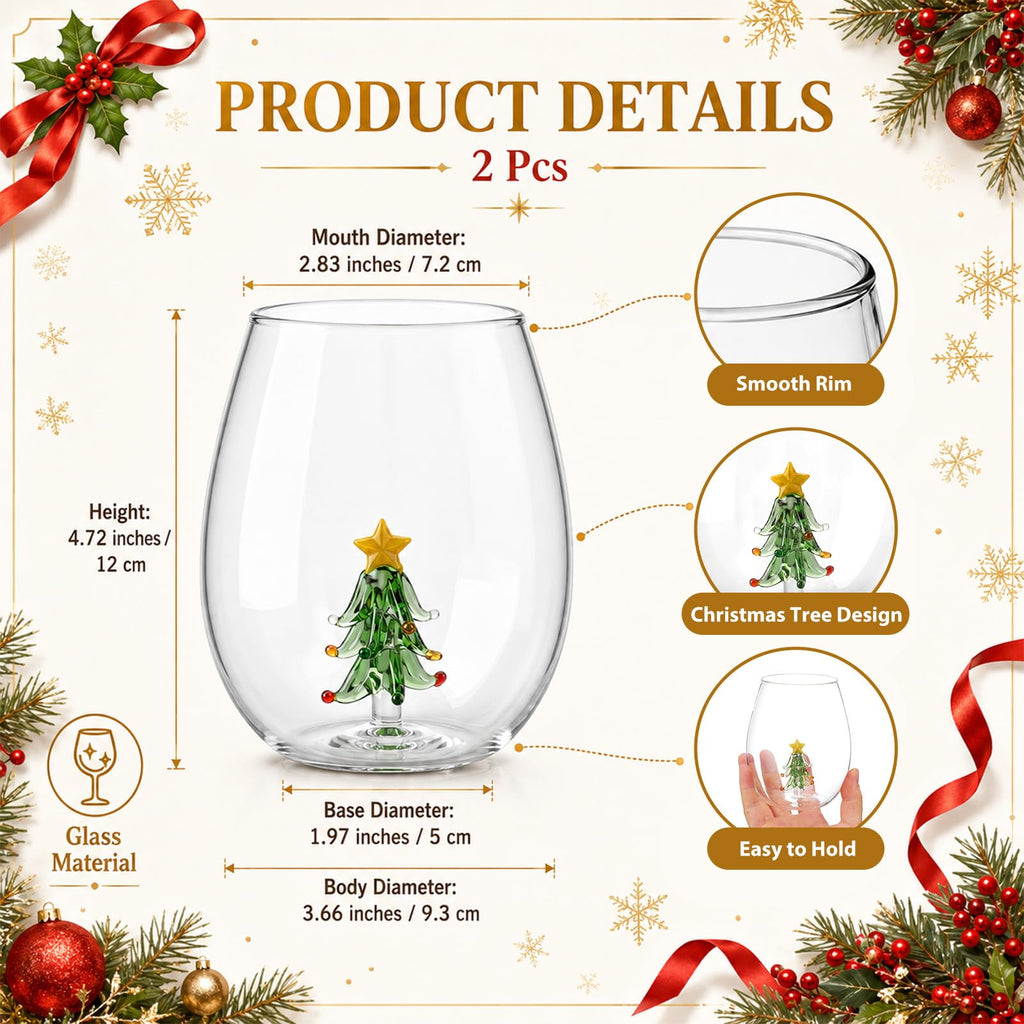 2 Pcs Christmas Tree Stemless Wine Glasses with 3D Tree Inside