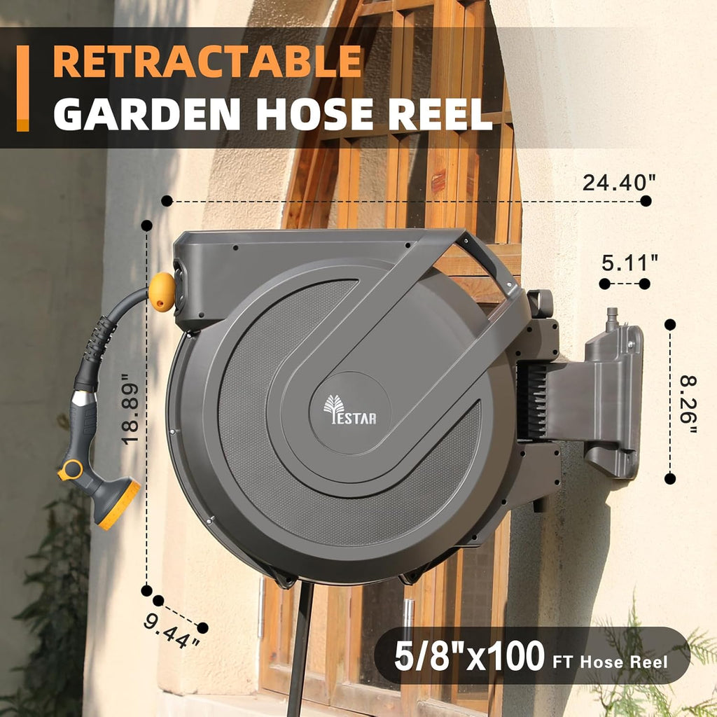 Retractable Garden Hose Reel 5/8 in x100 ft, Wall Mounted Hose Reel | 10- Function Sprayer, Any Length Lock,Automatic