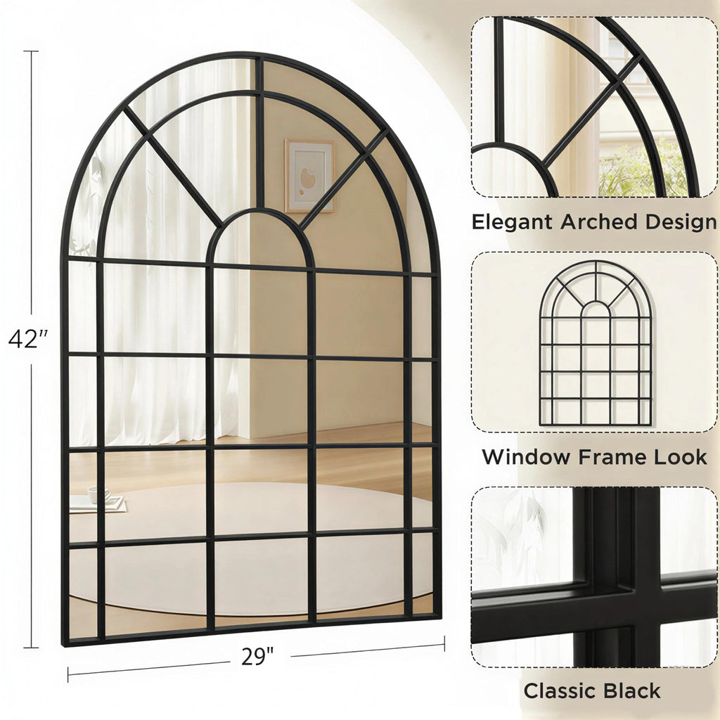 Large Black Wall Mirror: 29"x42" Farmhouse Arched Window Mirror