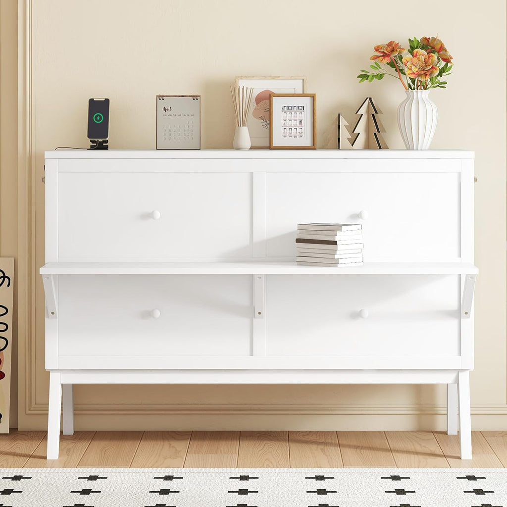 Queen Murphy Bed Cabinet with USB Ports and Removable Shelves, Solid Pine Foldable Wall Bed with Front Desk for Guest