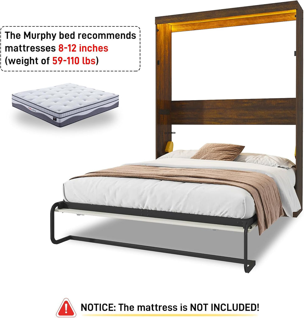 Queen Murphy Bed with 2 LED Lights, Farmhouse Wood Hidden Foldable Wall Bed Frame w/Gas Struts, Storage Bed Cabinet
