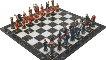 Metal Chess Set,Historical Rome Figures,Handmade Painted Chess Pieces with Marble or Mosaic Design Wooden Chess Board - Set of 32