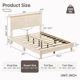 Queen Bed Frame with Adjustable Headboard & LEDLighting, Corduroy Upholstered Platform Bed Frame withStorage Shelf