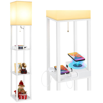 Shelf Floor Lamp with Wireless Charger, USB, Type C, AC Port,White