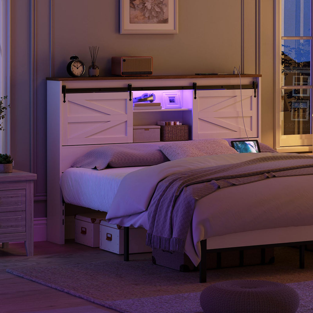 Queen Headboard with Storage Shelf, Farmhouse Queen Headboard Only with Charging Station & LED Lights, Bookcase