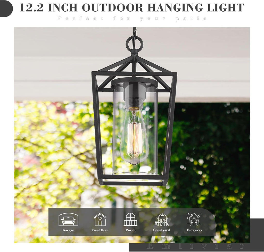 Modern Outdoor Pendant Light, 1-Light Outdoor Hanging Lantern Light in Black Finish with Clear Glass, 20065H BK