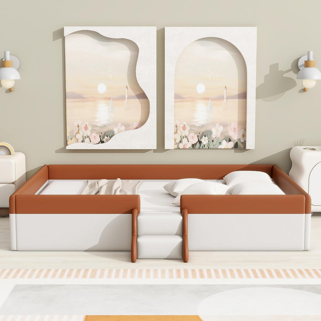 Queen Size Kids Floor Bed, Daybed Frame with Fence & Stairs, Upholstered Wood Bed , Brown+White