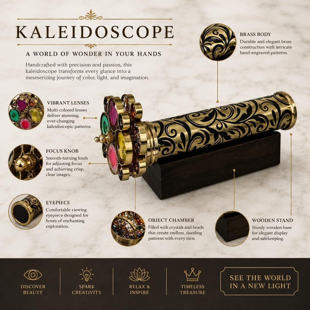 Handcrafted Etched Lacquered Brass Kaleidoscope | Floral Engraved with Dual Separate Turning Wheels | Vintage