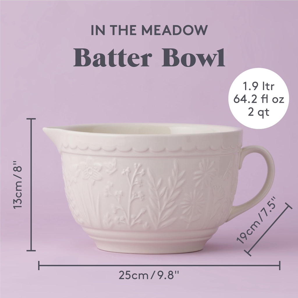 In the Meadow Batter Bowl, 2 Quart Ceramic Batter Mixing Bowl with Handle & Pour Spout, Embossed Floral Design