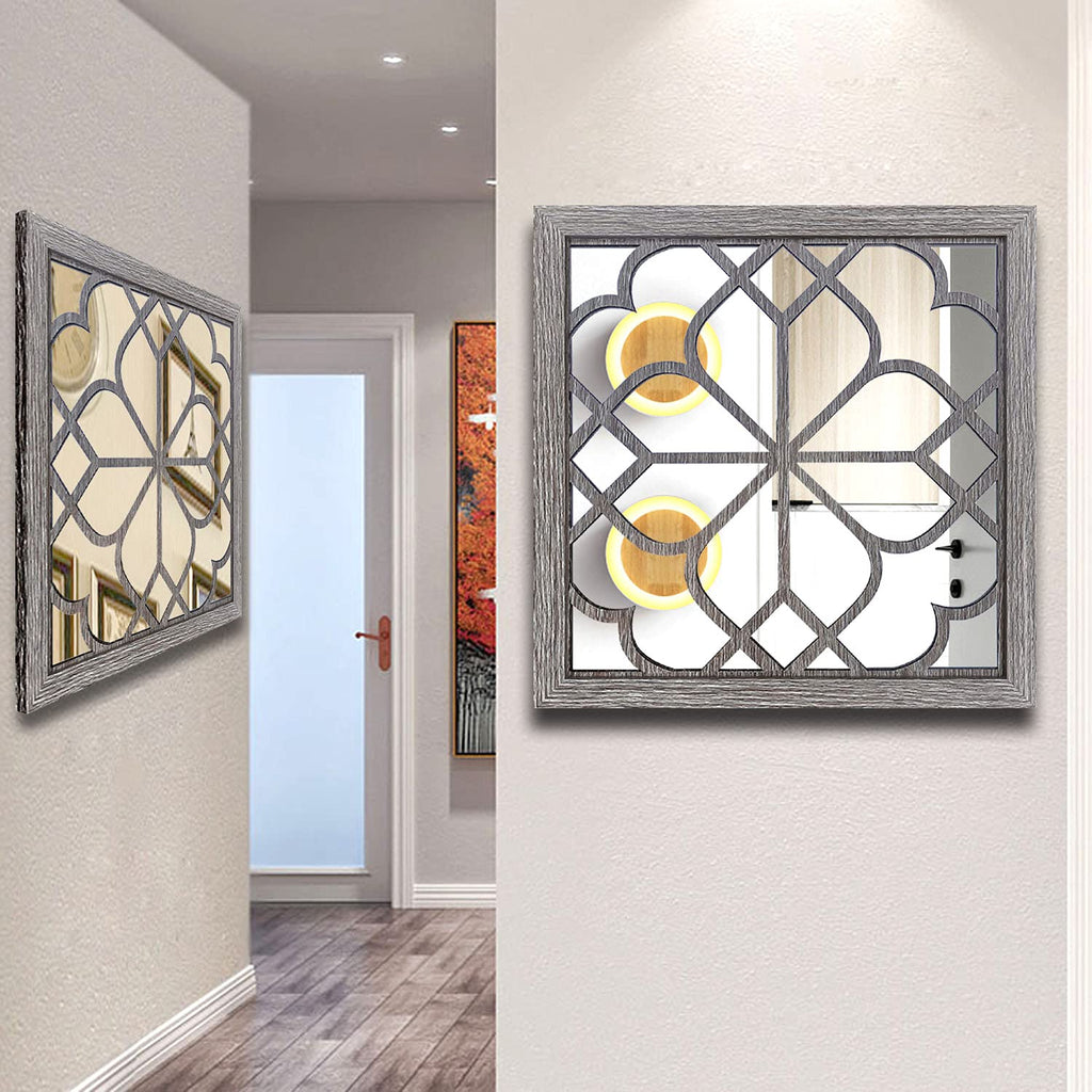 2 PCS Square Wall Mirror, Gorgeous Rustic Farmhouse Accent Mirror, Barn Wood Color Entry Mirror