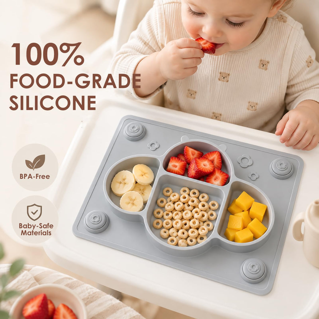 Suction Plates for Baby Placemat Spoon Fork Set for Toddlers, Silicone Baby Plates with Suction Baby Dishes for Kids
