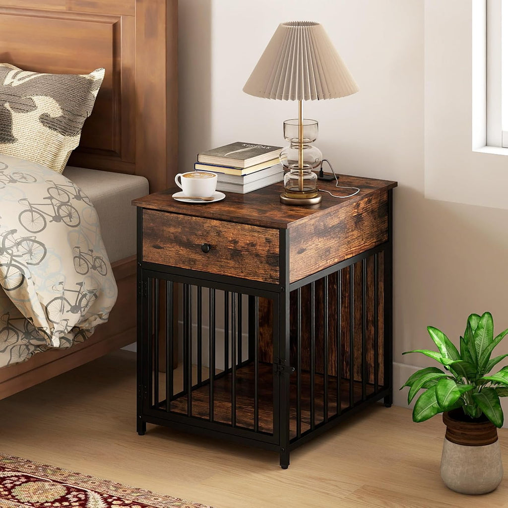 Industrial Dog Crate Furniture with Charging Station, Wooden Dog Kennel with Drawer and Lockable Door, 2 AC Outlets