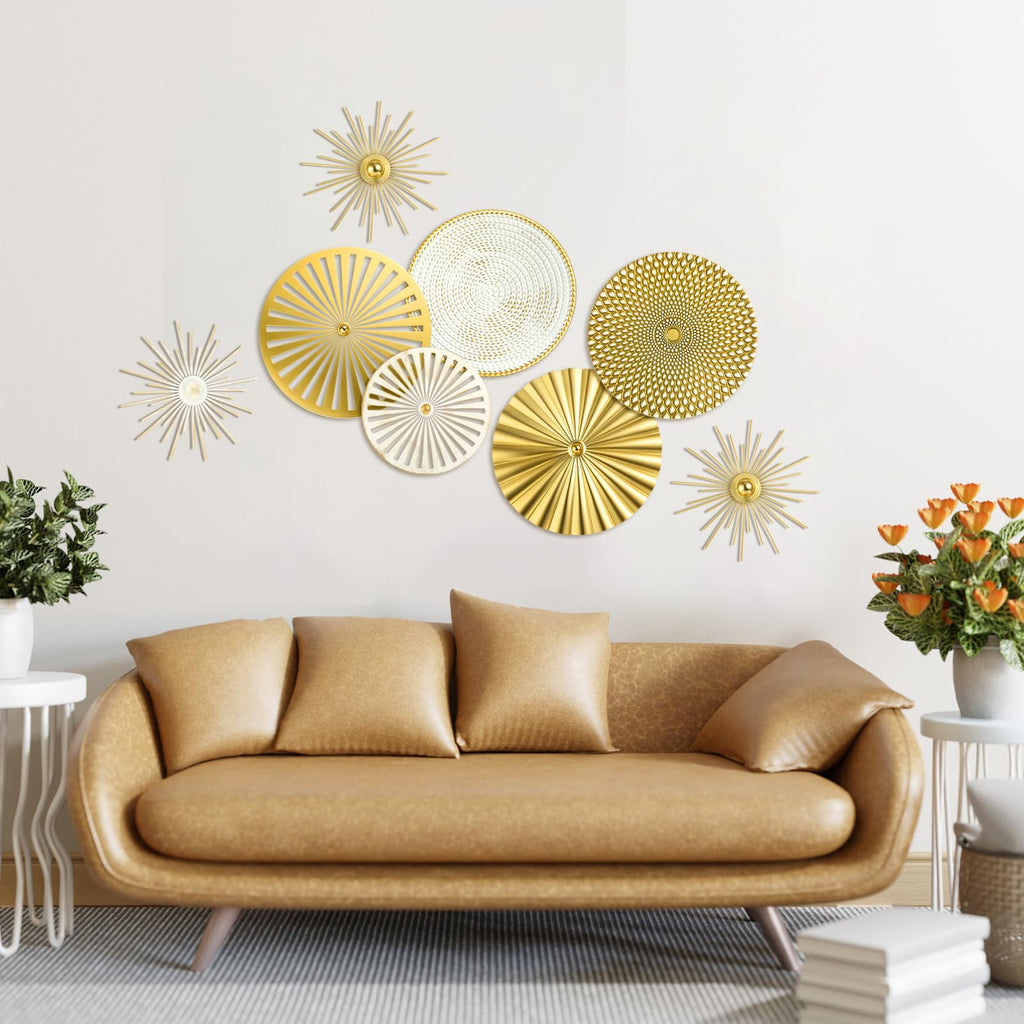 White Gold 8 Pcs Wall Decor Round Modern Metal Plate Art