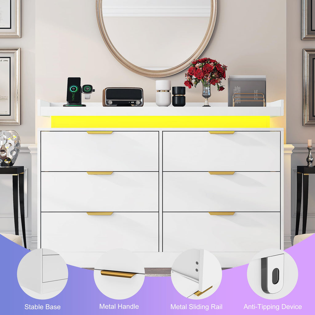 6 Drawer, White with LED Lights and Power Outlet, Wooden Dressers Chests of Drawers, Double Wide Dressers