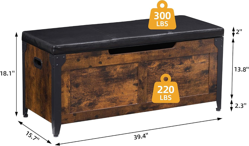 39.4" Storage Bench with 2 Safety Hinges, Rustic Brown | Retro Wooden Storage Chest, Loads 300 lb, Easy Assembly