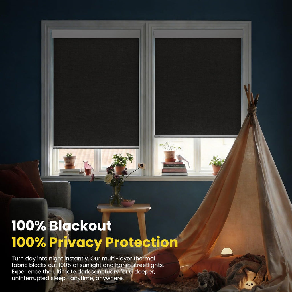 Motorized Blinds - No Drill Automatic Cordless Roller Shades Electric Smart Blinds with Remote Control (Black, 34 x