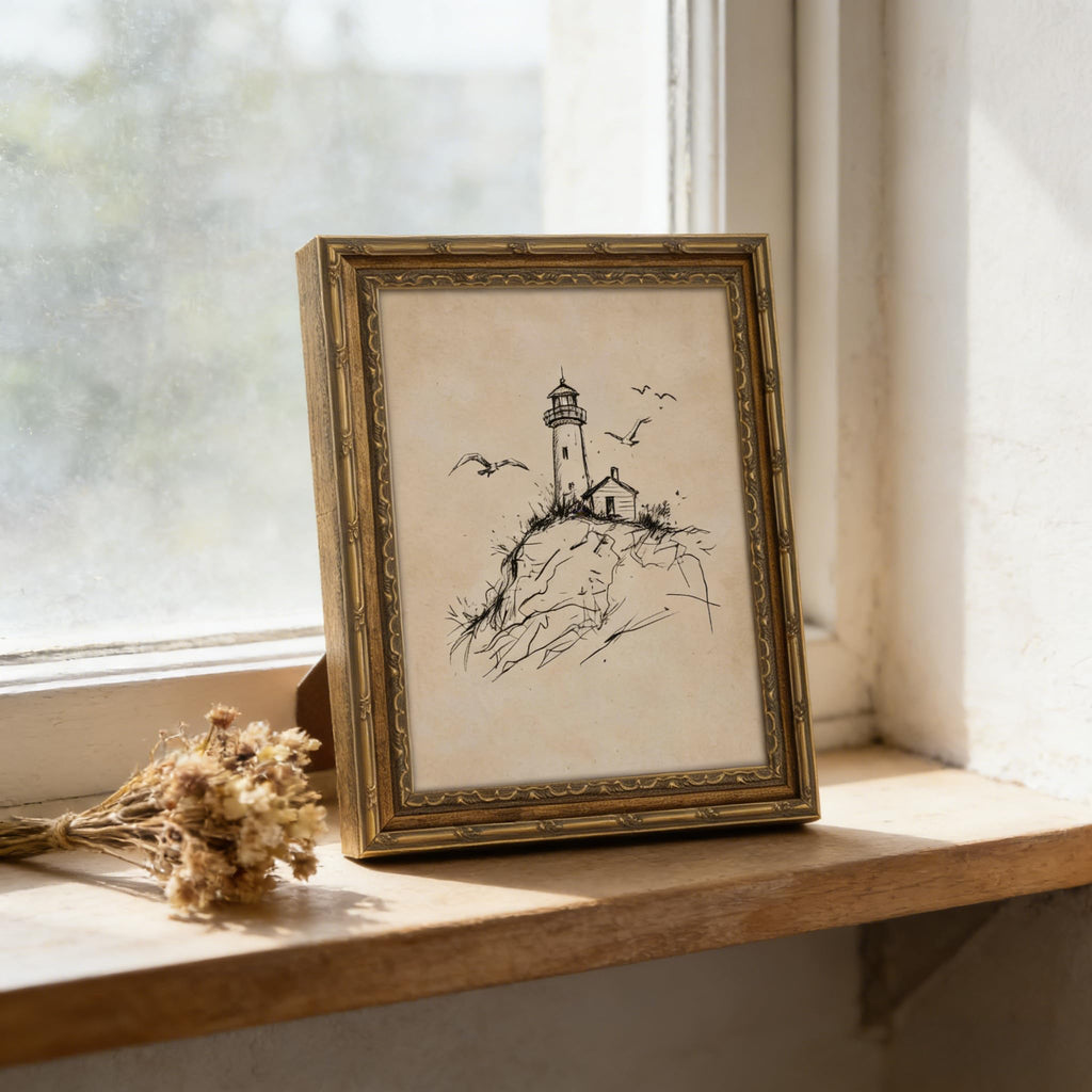 Gold Framed Wall Art, Vintage Coastal Lighthouse Sketch Canvas Prints - Rustic Nautical Summer Beach Pictures