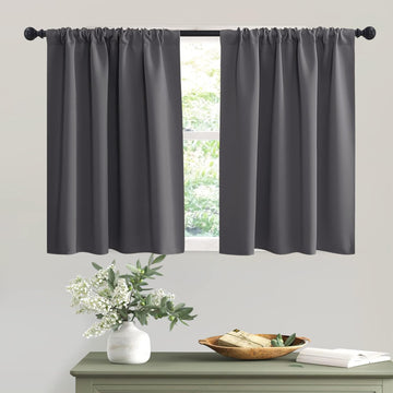 Short Grey Blackout Curtains for Small Bedroom Window, Insulating UV Blocking Drapes for Kitchen Cafe Basement Garage