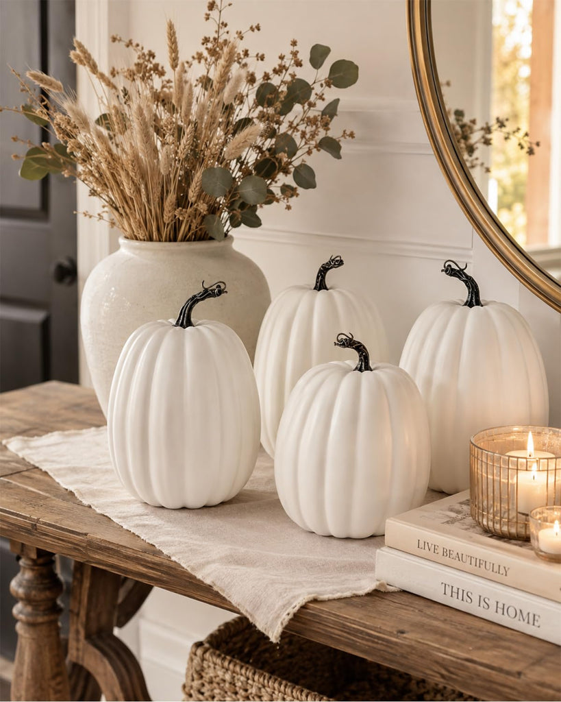 4 Pack 8 Inch Large White Artificial Pumpkins for Fall Decor