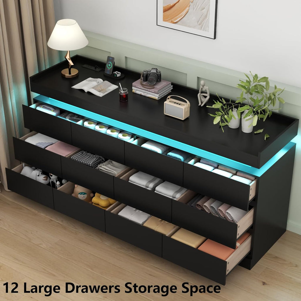 12 Drawer Dresser with Power Outlet, Modern Dresser with LED Light | Chest of Drawers for Closet, Double Wide Drawer