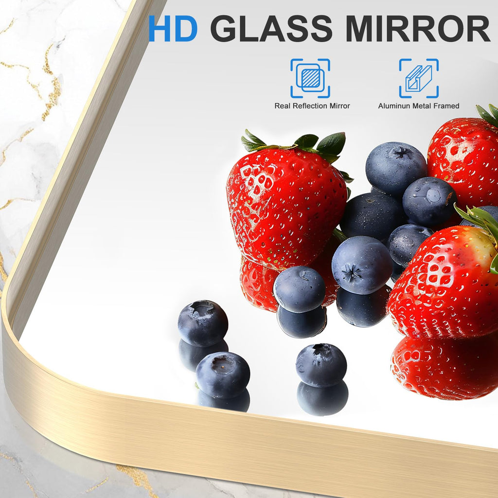 Brushed Gold Bathroom Mirror 24x36 Inch, Rounded Rectangular Bathroom Mirrors, Aluminum Alloy Frame Bathroom Mirror