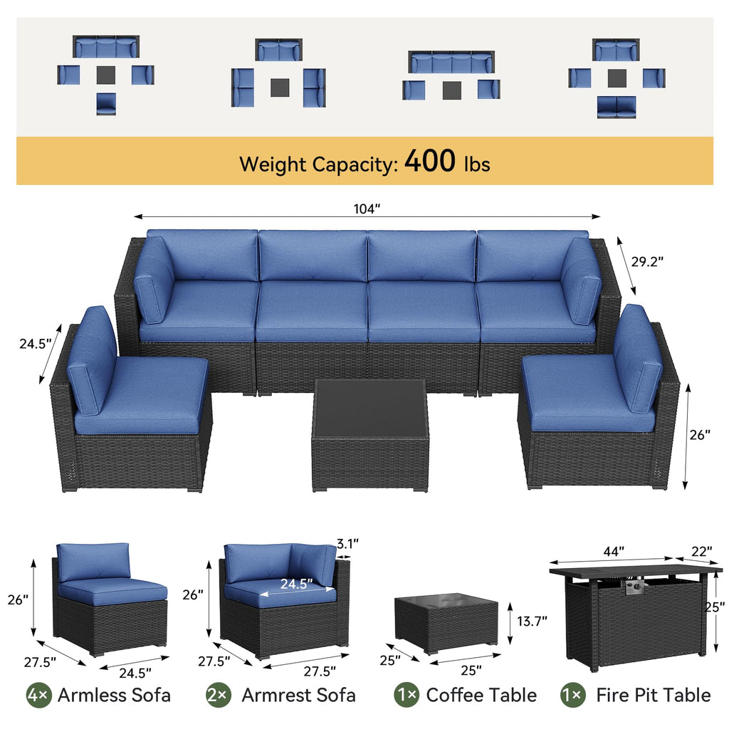 Patio Furniture Set with Fire Pit Table, 8 PCS Outdoor Sectioanl Sofa