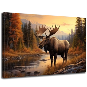 Nature Moose Wall Art Landscape Moose in the River Wall Decor Print Painting Wilderness Animal Retro Poster Home