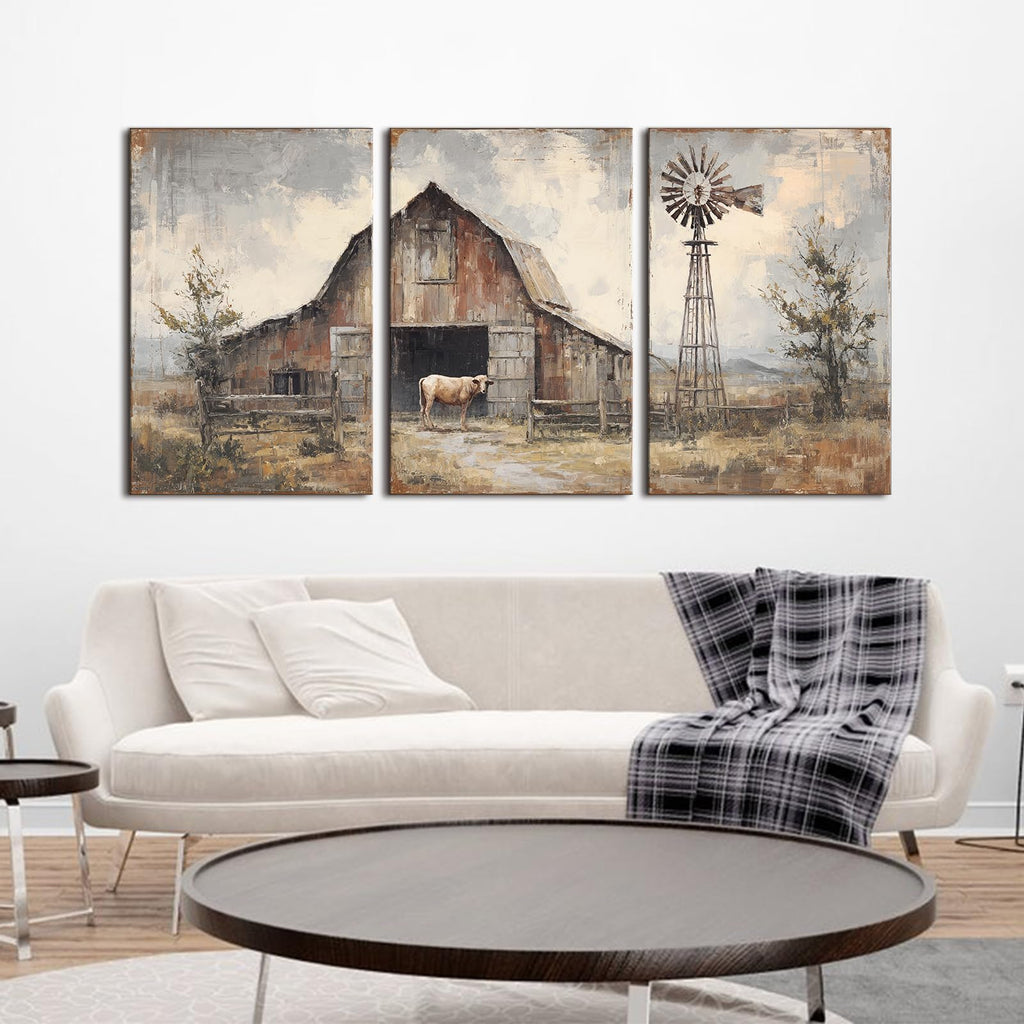 Rustic Farmhouse Wall Art Vintage Windmill Wilderness Canvas Painting Nature Village Scenery Canvas Artwork Farm Cow
