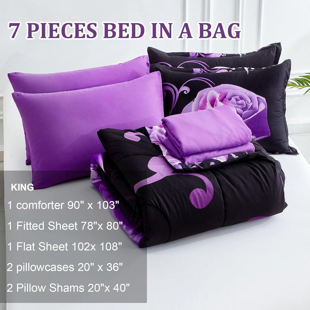 Purple Comforter Set King, Reversible Purple Rose 7 Pieces Bed in a Bag