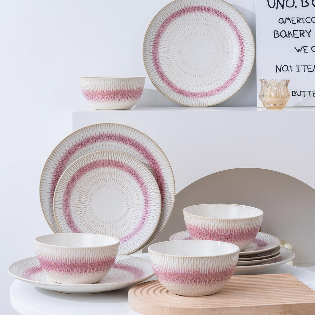 Dinnerware Set Pink Stoneware 12 Pieces Service for 4, Stoneware Plates and Bowls Set, Dishwasher Microwave Safe