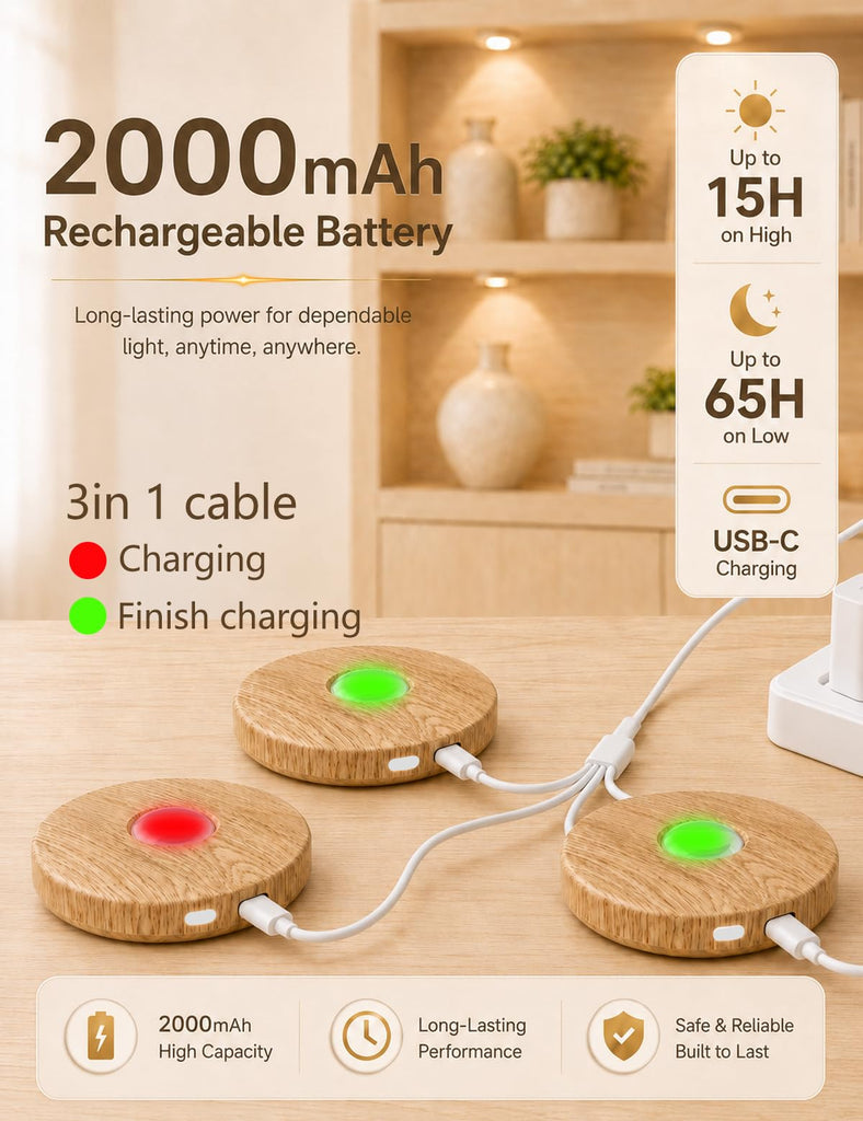 Rechargeable Puck Lights with Remote, Wood-Look Under Shelf Lights, 3 Pack