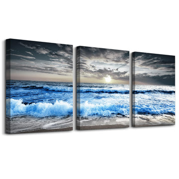 3 Piece Canvas Wall Art - Blue Ocean Wave Seascape Pictures - Bedroom, Living Room, Office Wall Decor - Modern Home