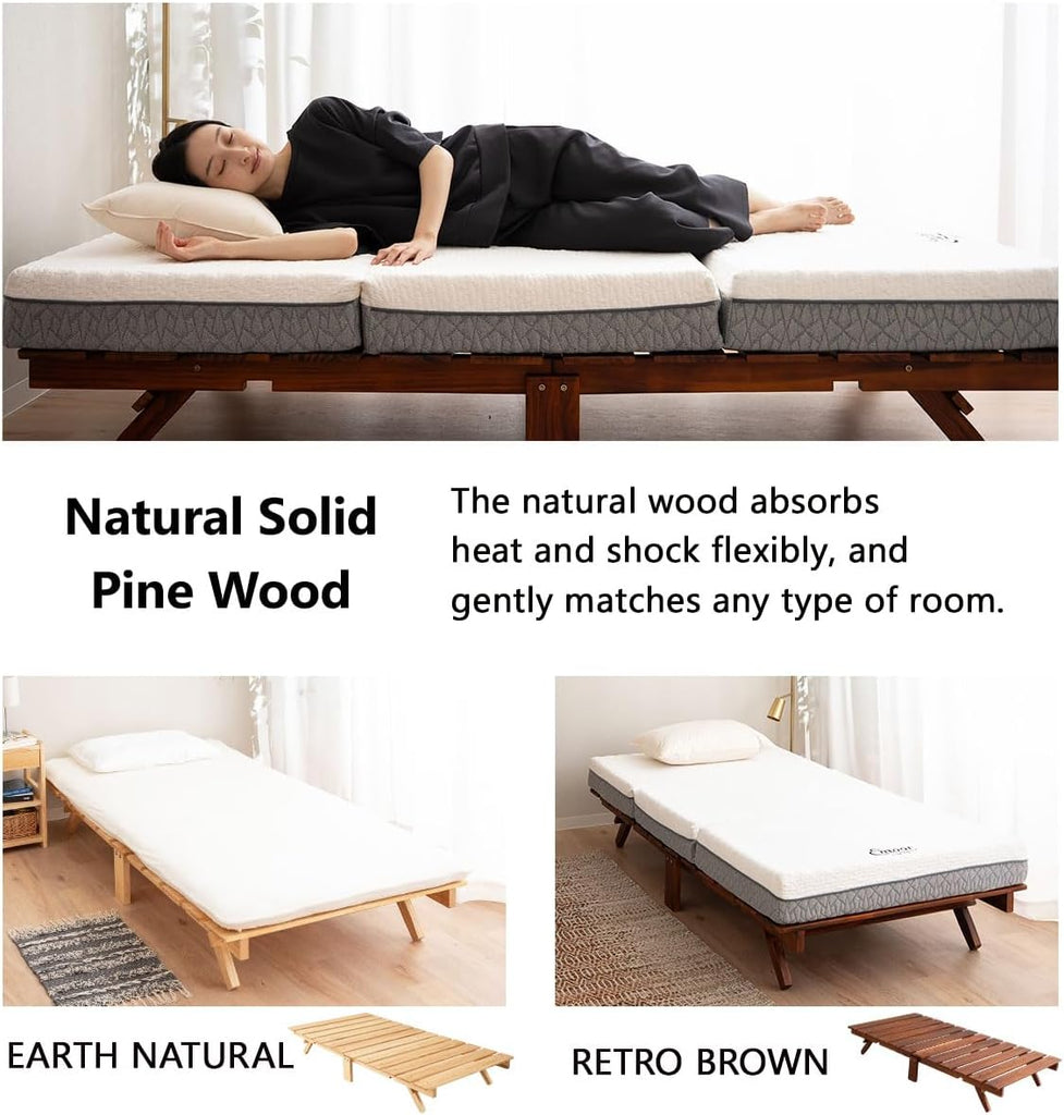 Foldable Wood Slatted Floor Bed Frame for Japanese Futon Mattress Solid Pine (Retro-Brown), Foldable and
